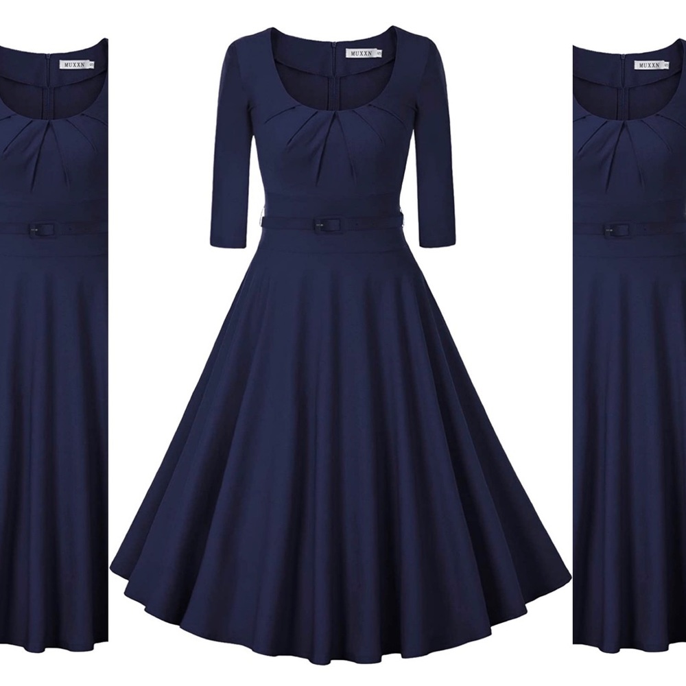 Scoop Neck 3/4 Sleeve Swing Cocktail Dress Navy XL